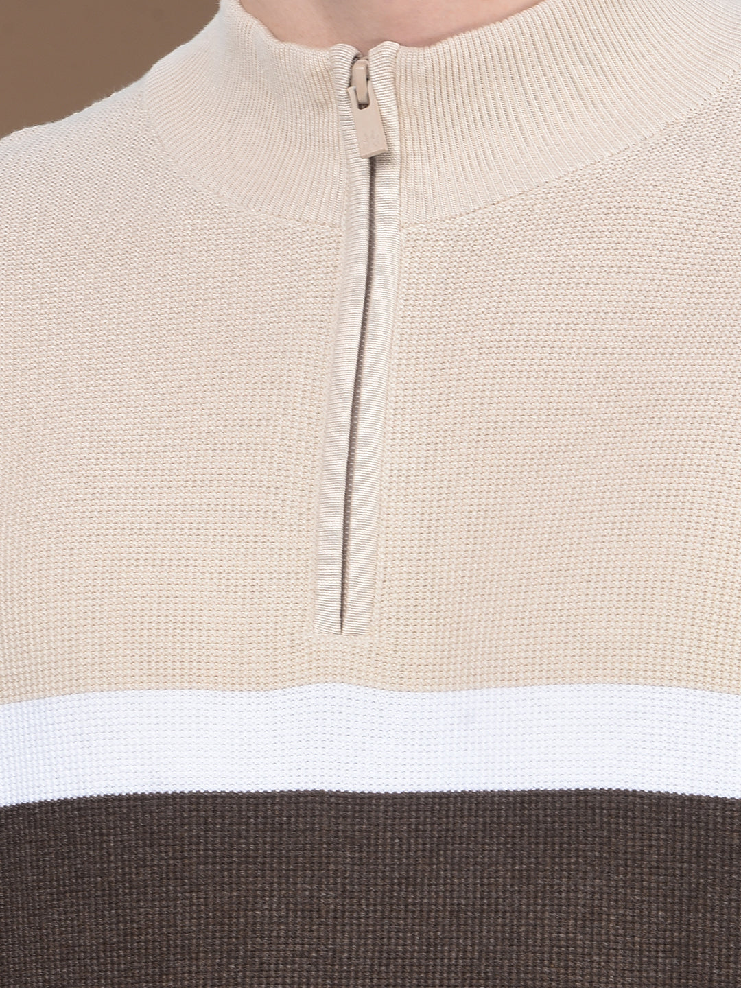 Beige Color-Block 100% Cotton Knitted Sweater-Men Sweaters-Crimsoune Club