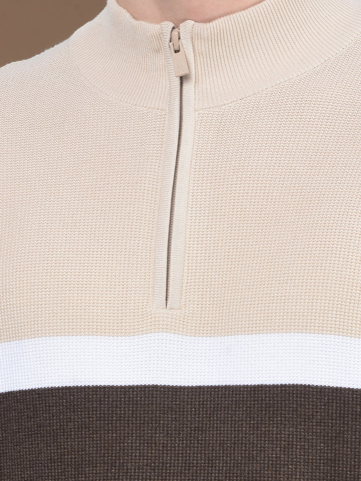 Beige Color-Block 100% Cotton Knitted Sweater-Men Sweaters-Crimsoune Club
