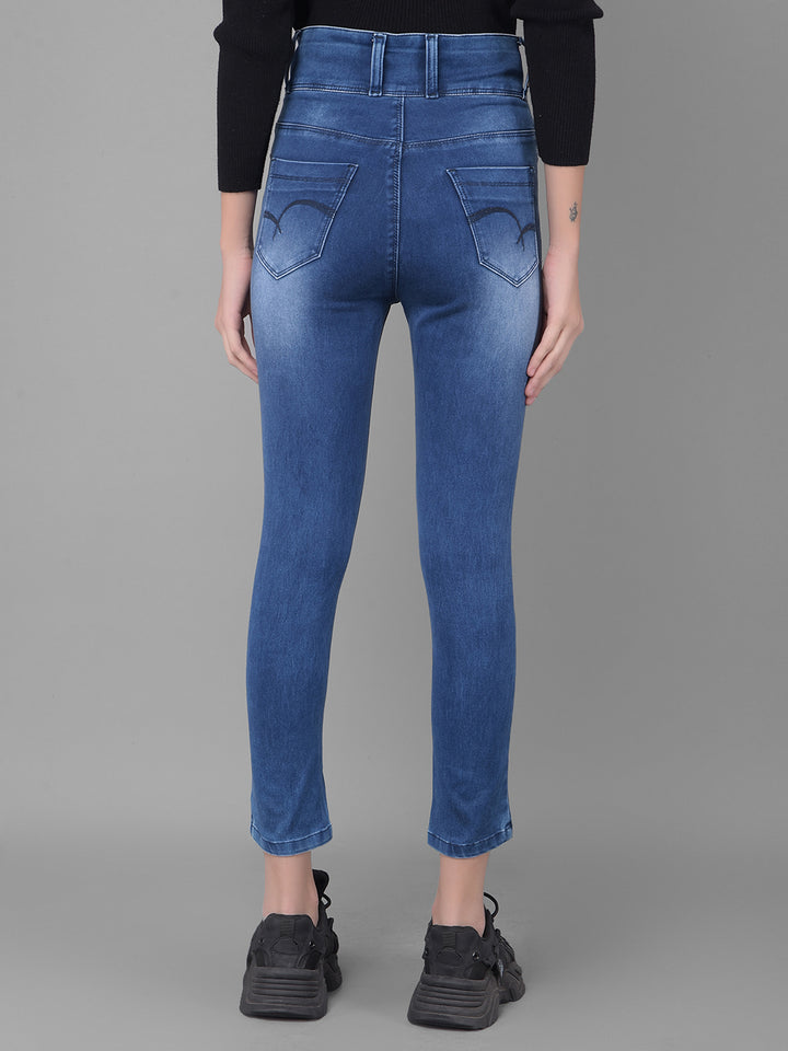 Navy Blue Light Fade High Waist Jeans-Women Jeans-Crimsoune Club