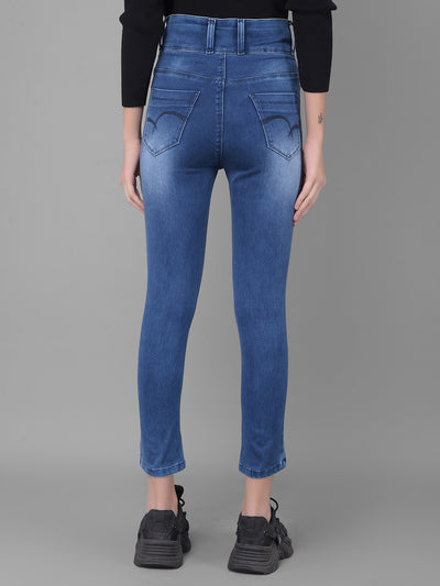 Navy Blue Light Fade High Waist Jeans-Women Jeans-Crimsoune Club