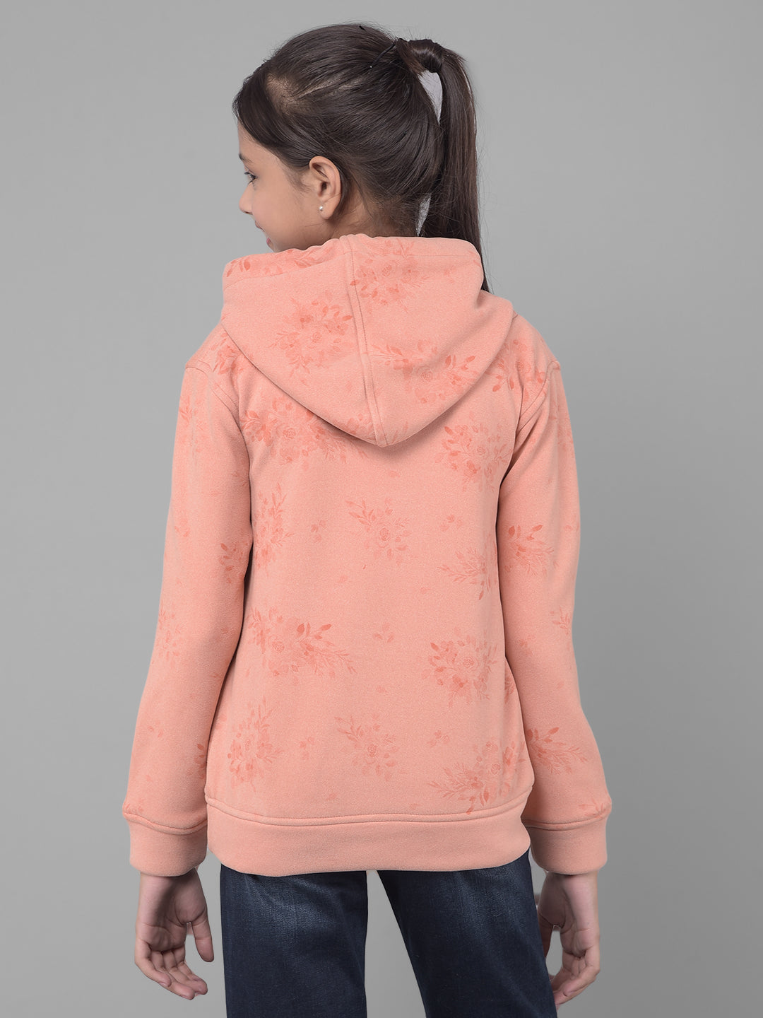 Peach Printed Sweatshirt With Hood-Girls Sweatshirts-Crimsoune Club