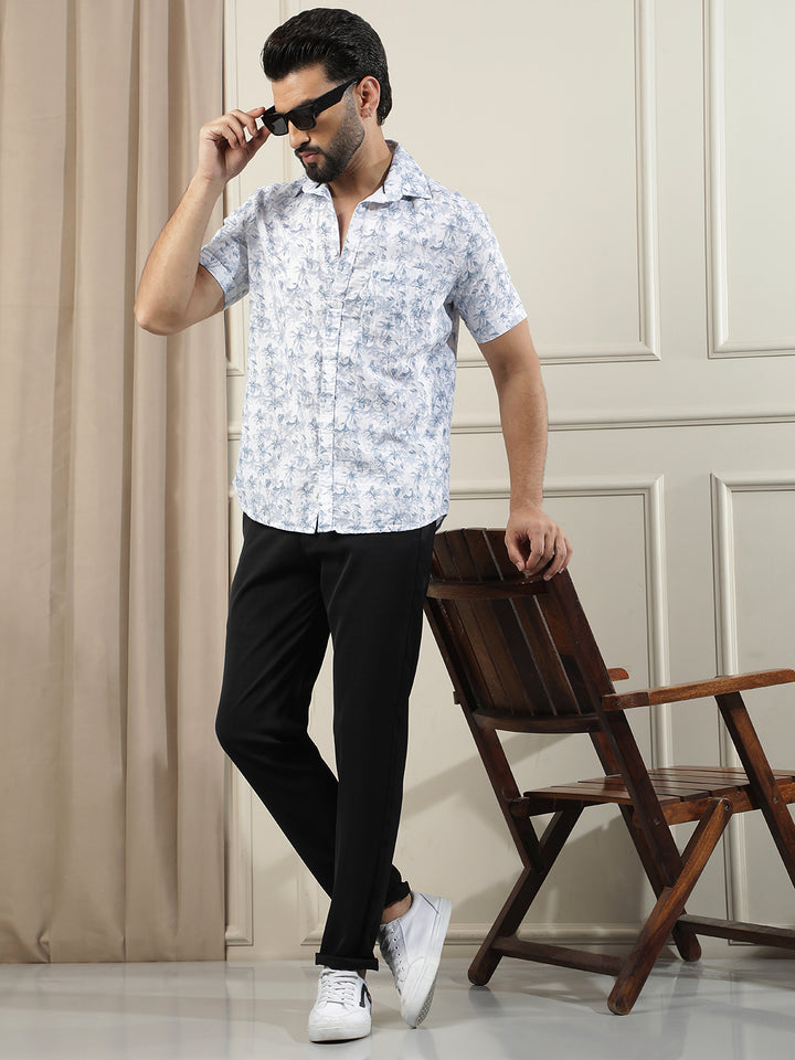 Blue Floral Print 100% Cotton Shirt-Men Shirts-Crimsoune Club