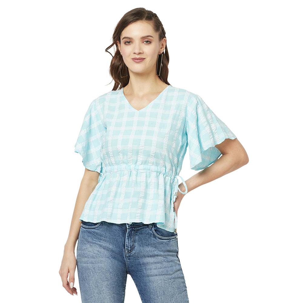 Blue Checked Empire Top-Women Tops-Crimsoune Club