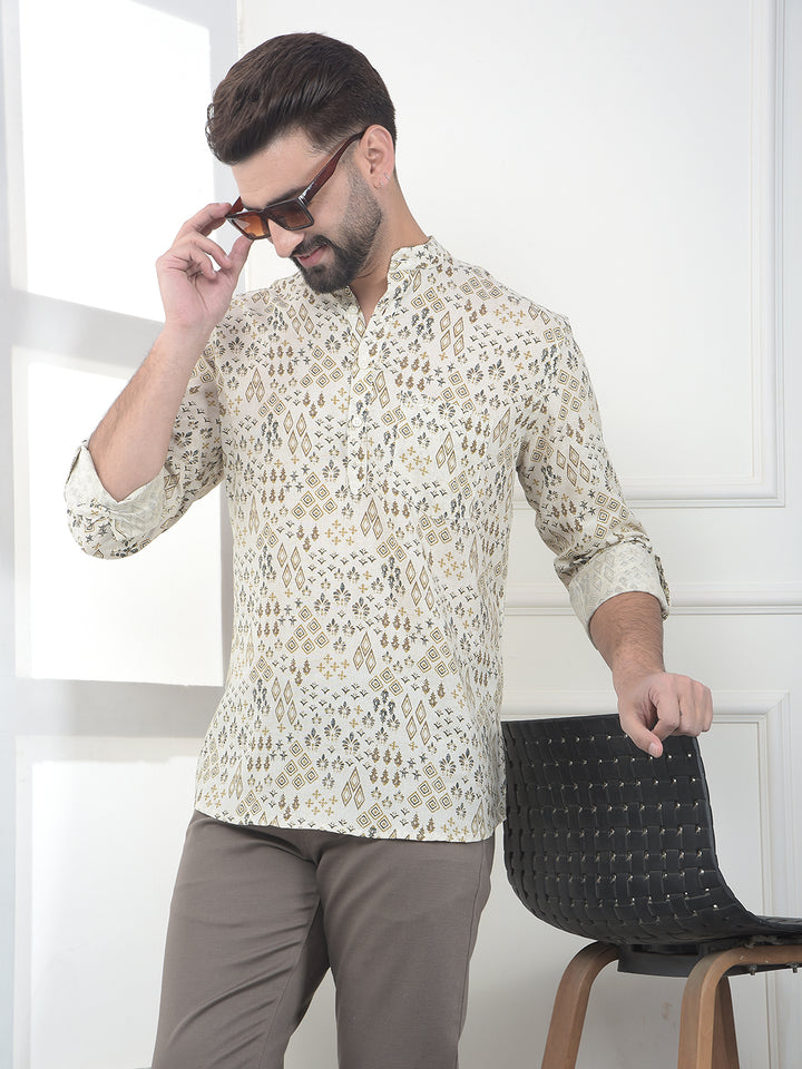 Beige Floral Printed Linen Kurta-Men Kurtas-Crimsoune Club