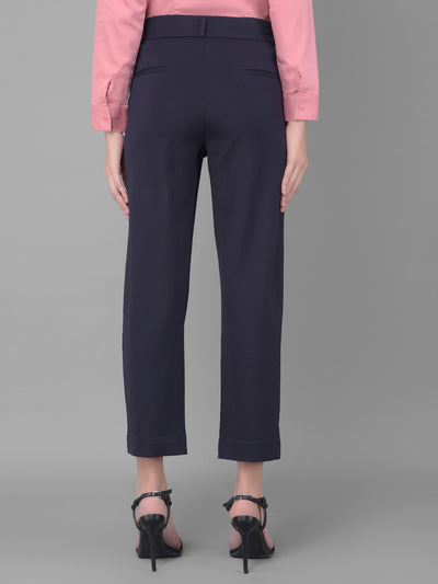 Navy Blue Pleated Straight Trousers-Women Trousers-Crimsoune Club