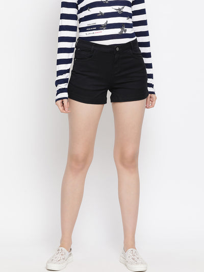 Black Solid Denim Shorts-Women Shorts-Crimsoune Club