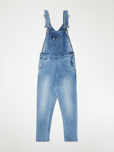 Blue Solid Denim Dungarees-Girls Dungarees-Crimsoune Club