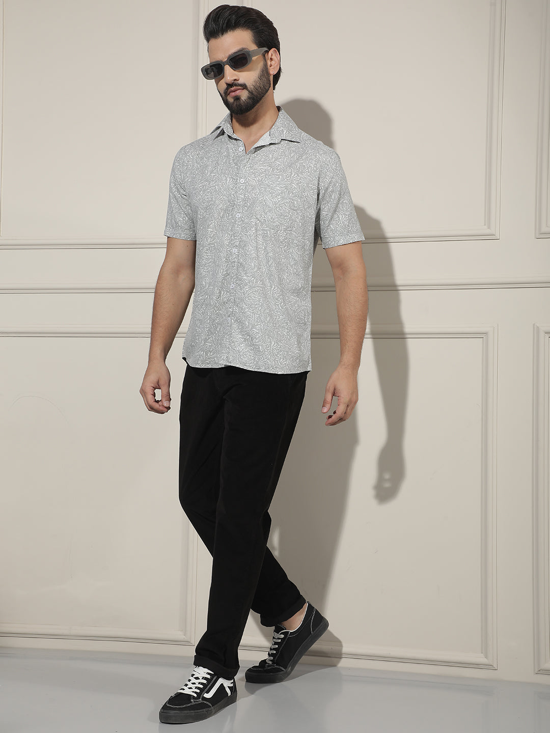 Grey Floral Print Shirt-Men Shirts-Crimsoune Club