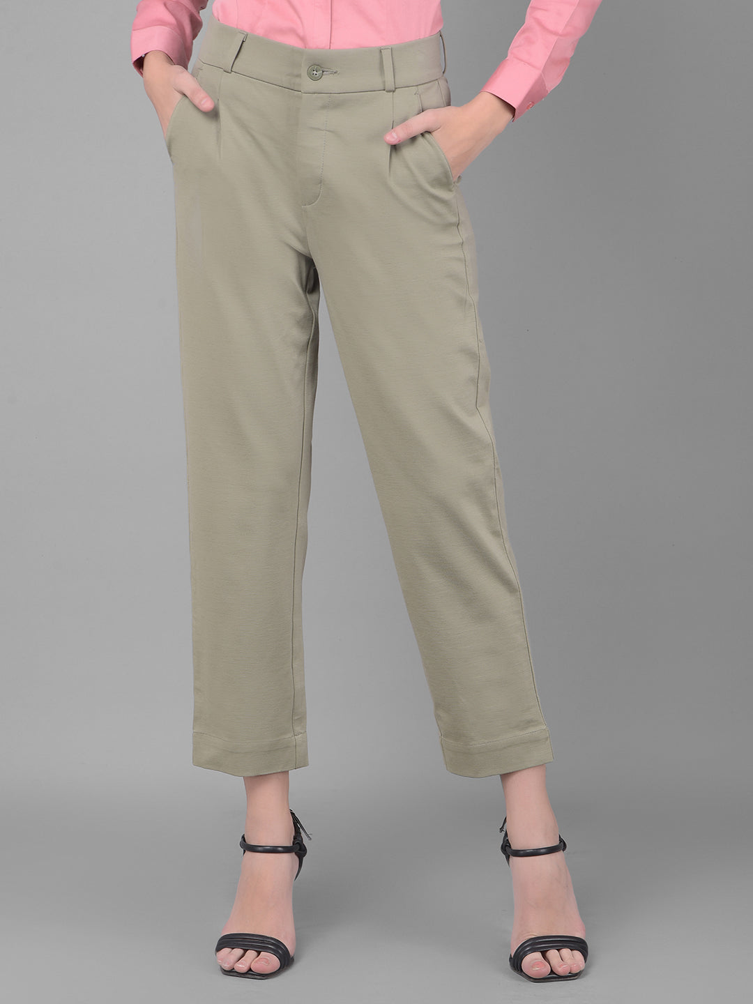 Olive Pleated Straight Trousers-Women Trousers-Crimsoune Club