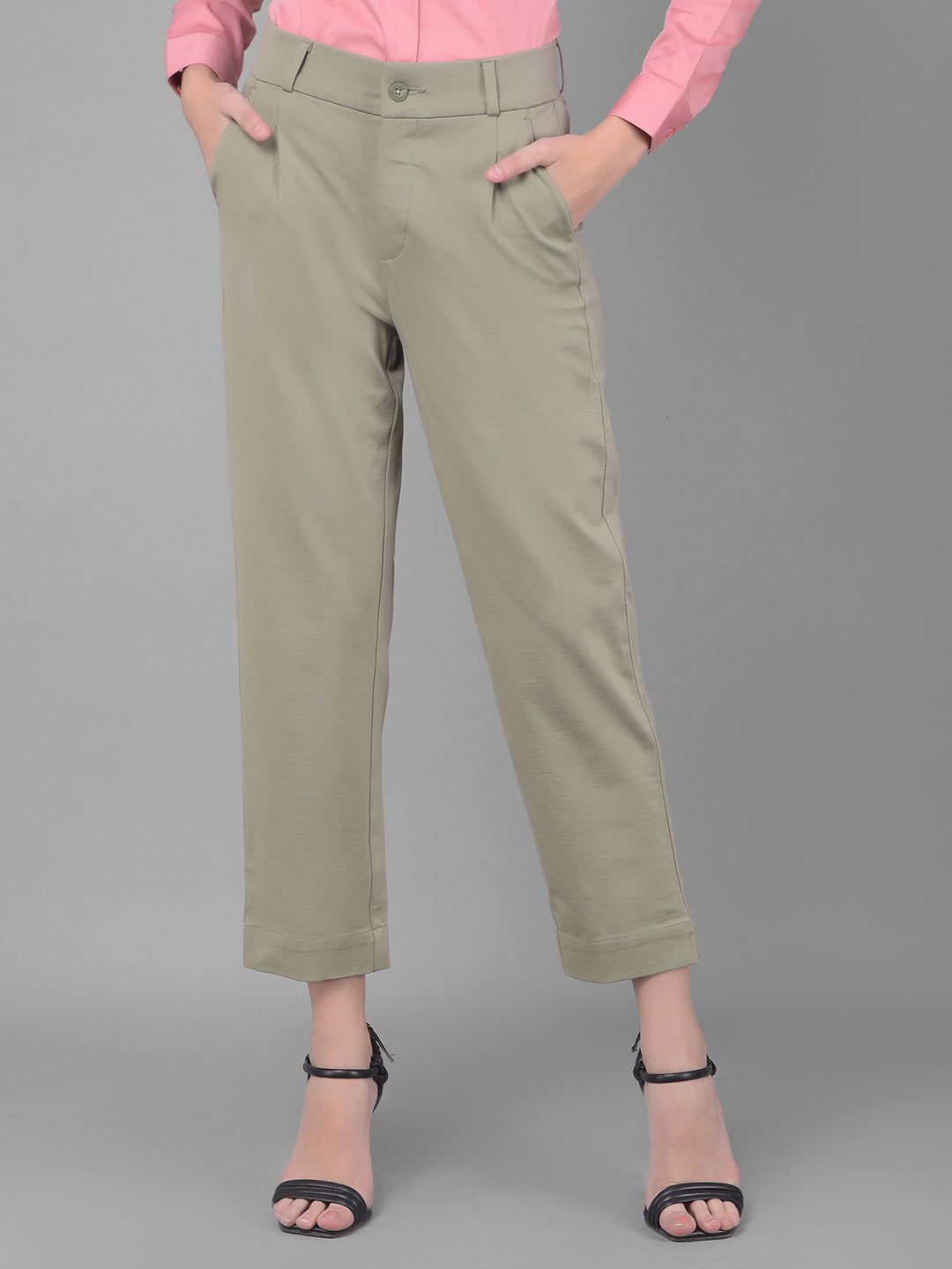 Olive Pleated Straight Trousers-Women Trousers-Crimsoune Club