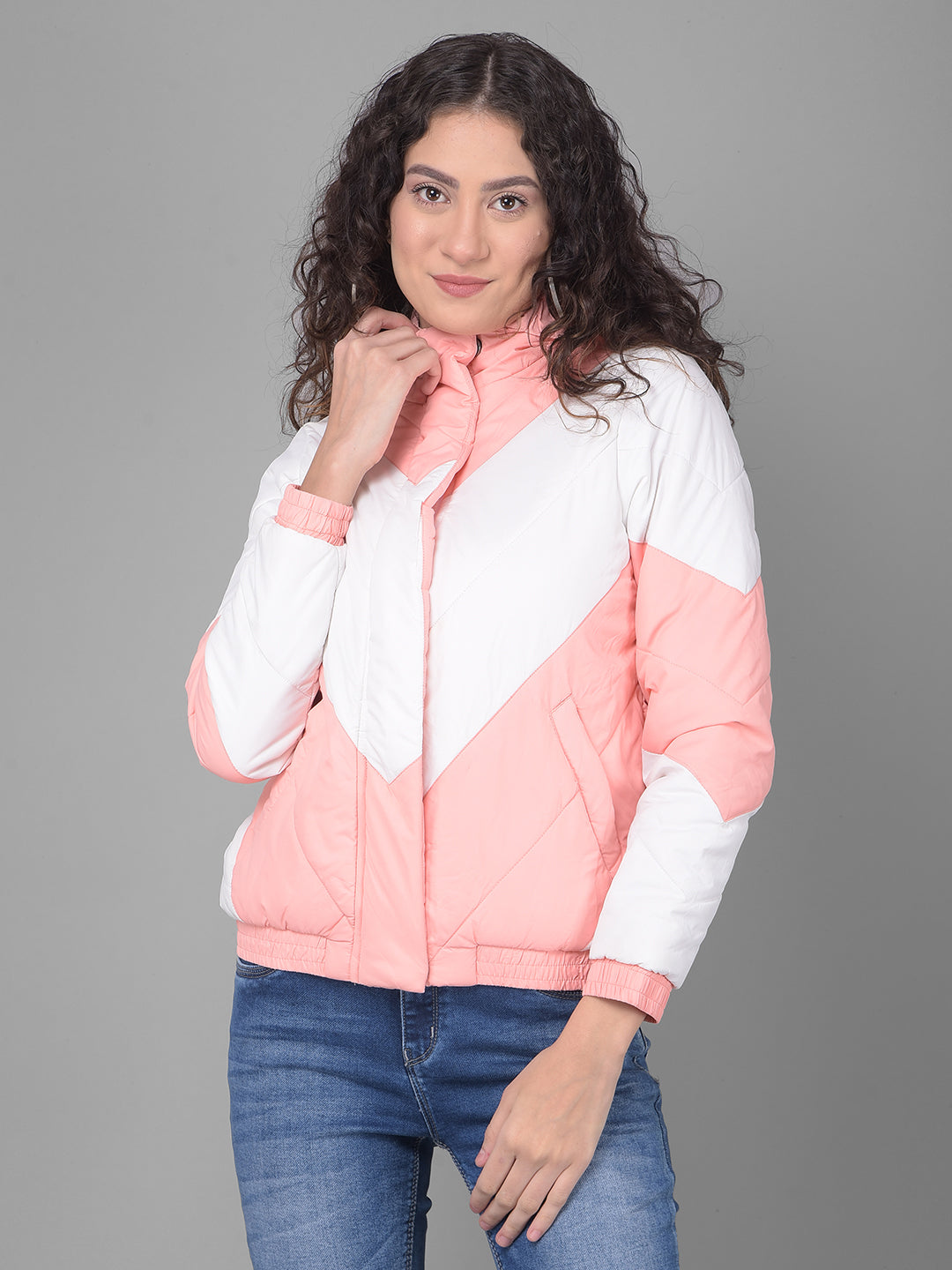 Peach Colourblocked Puffer Jacket With Hood-Women Jackets-Crimsoune Club