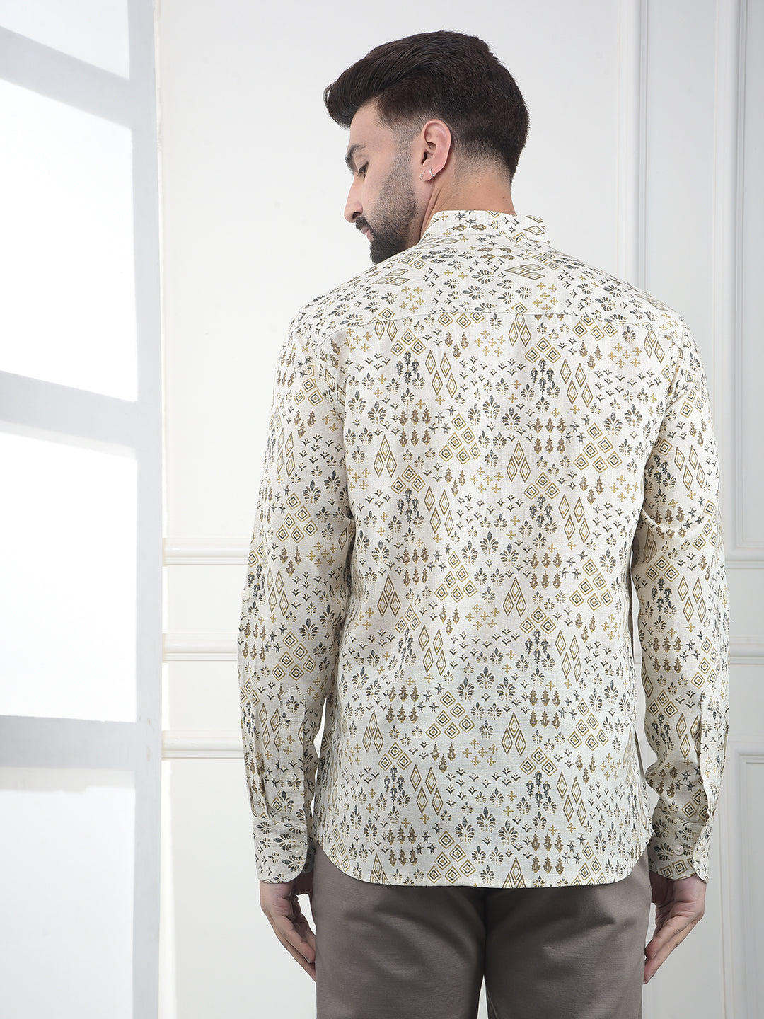 Beige Floral Printed Linen Kurta-Men Kurtas-Crimsoune Club