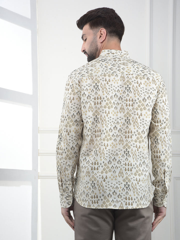 Beige Floral Printed Linen Kurta-Men Kurtas-Crimsoune Club