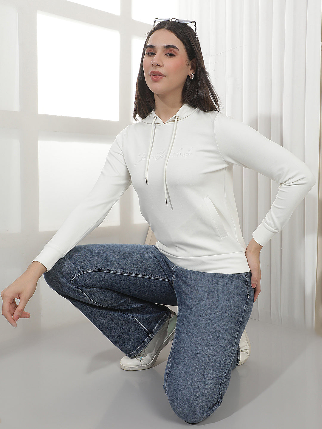 Off White Typographic Print Hooded Sweatshirt-Women Sweatshirts-Crimsoune Club