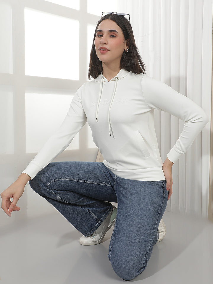 Off White Typographic Print Hooded Sweatshirt-Women Sweatshirts-Crimsoune Club