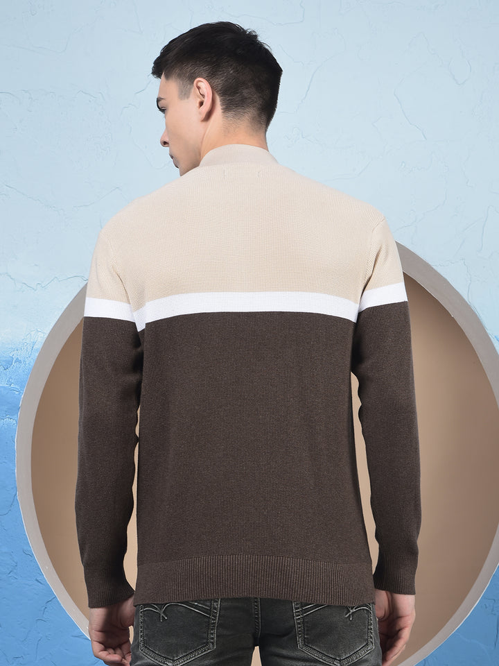 Beige Color-Block 100% Cotton Knitted Sweater-Men Sweaters-Crimsoune Club