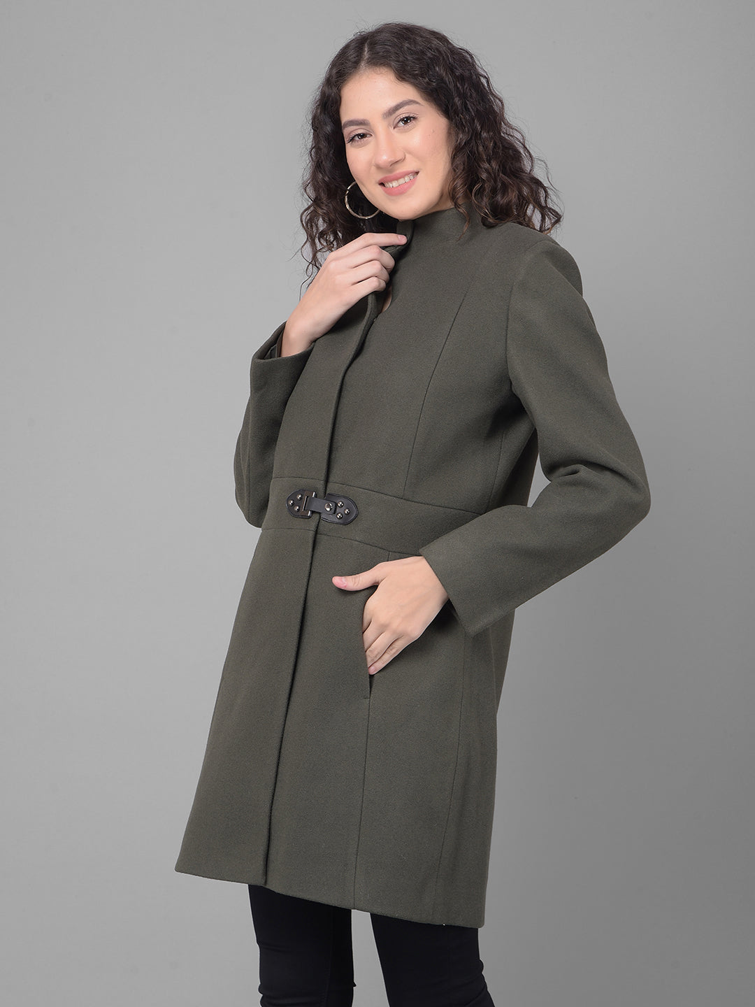 Olive Mandarin Collar Overcoat-Women Coats-Crimsoune Club