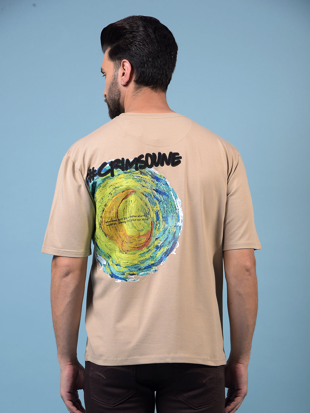 Men's Beige Graphic Print Round Neck T-Shirt-Men T-Shirts-Crimsoune Club