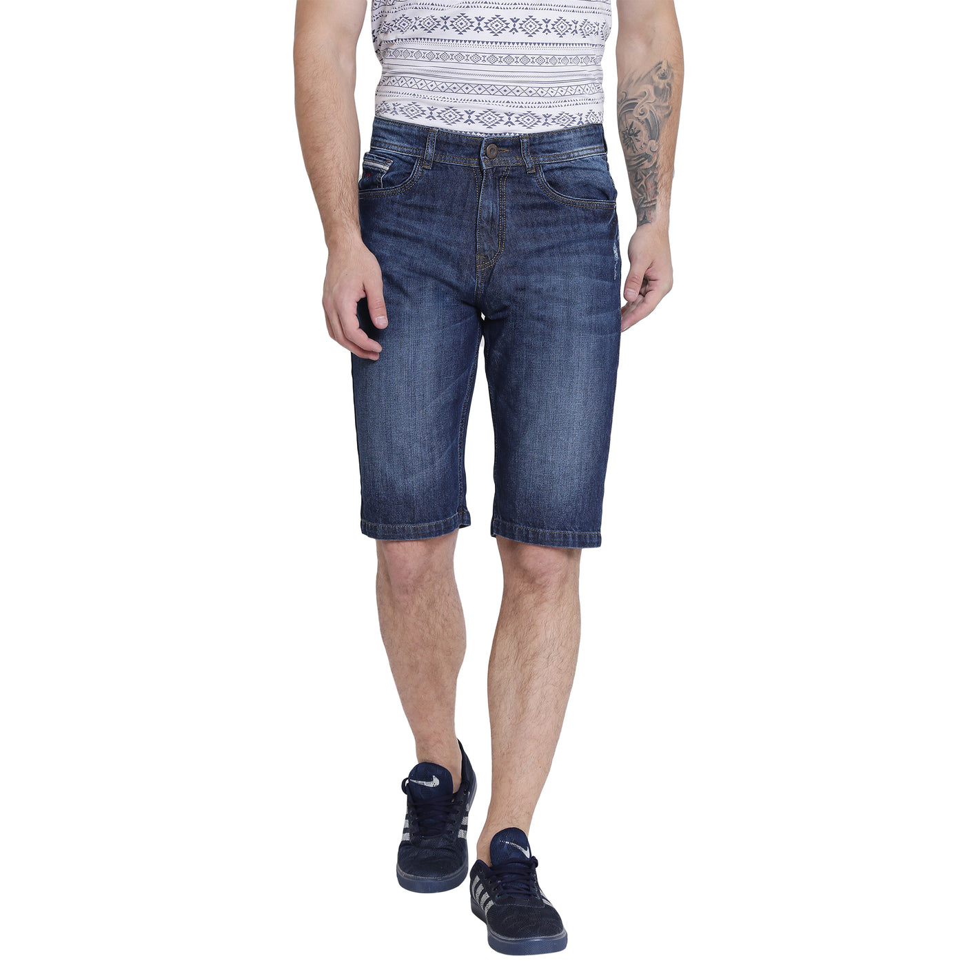 Blue Solid Light Fade Distressed Denim Shorts-Men Shorts-Crimsoune Club