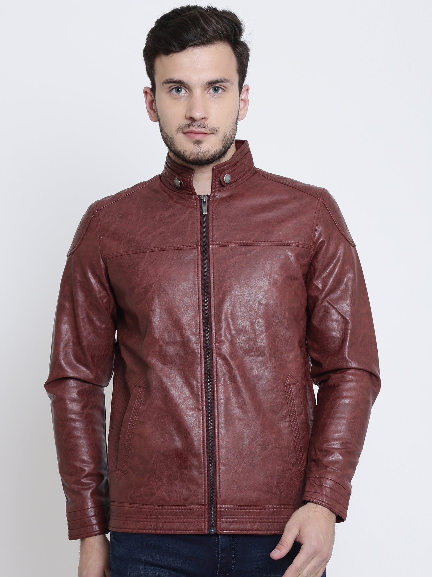 Maroon Faux Leather Jacket-Mens Jackets-Crimsoune Club