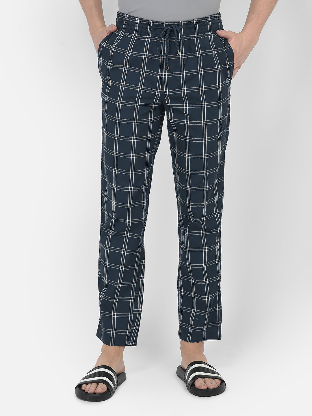 Navy Blue Windowpane Checked Lounge Pants-Men Lounge Pants-Crimsoune Club