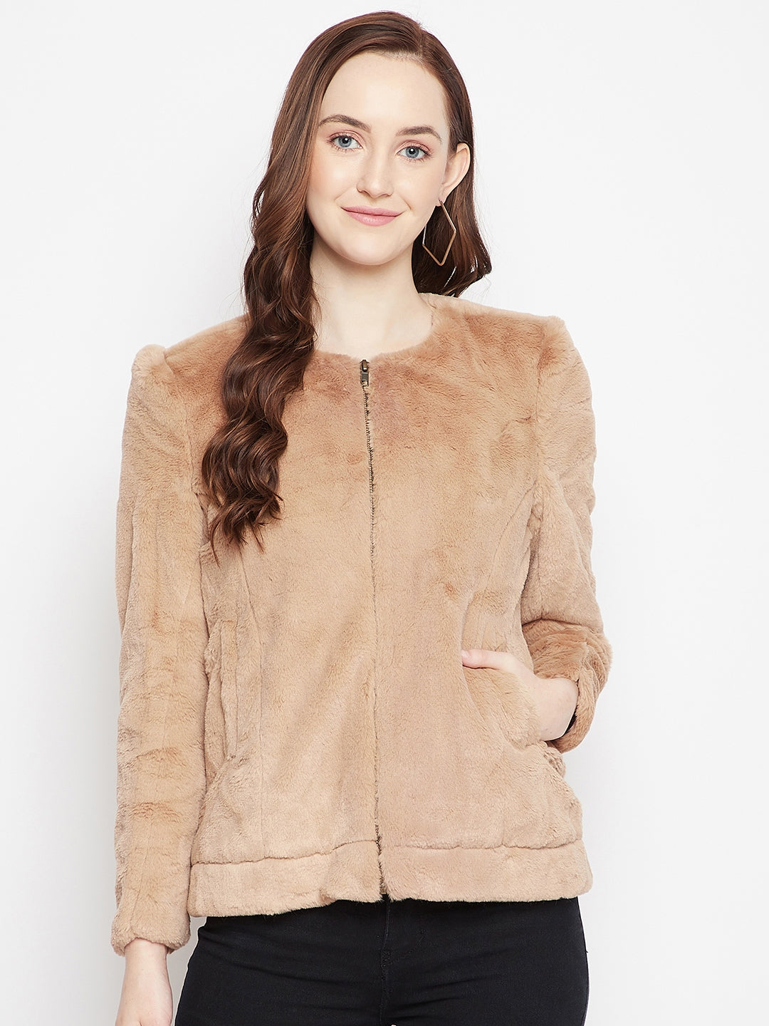 Beige Plush Zip-Front Jacket-Women Blazers-Crimsoune Club