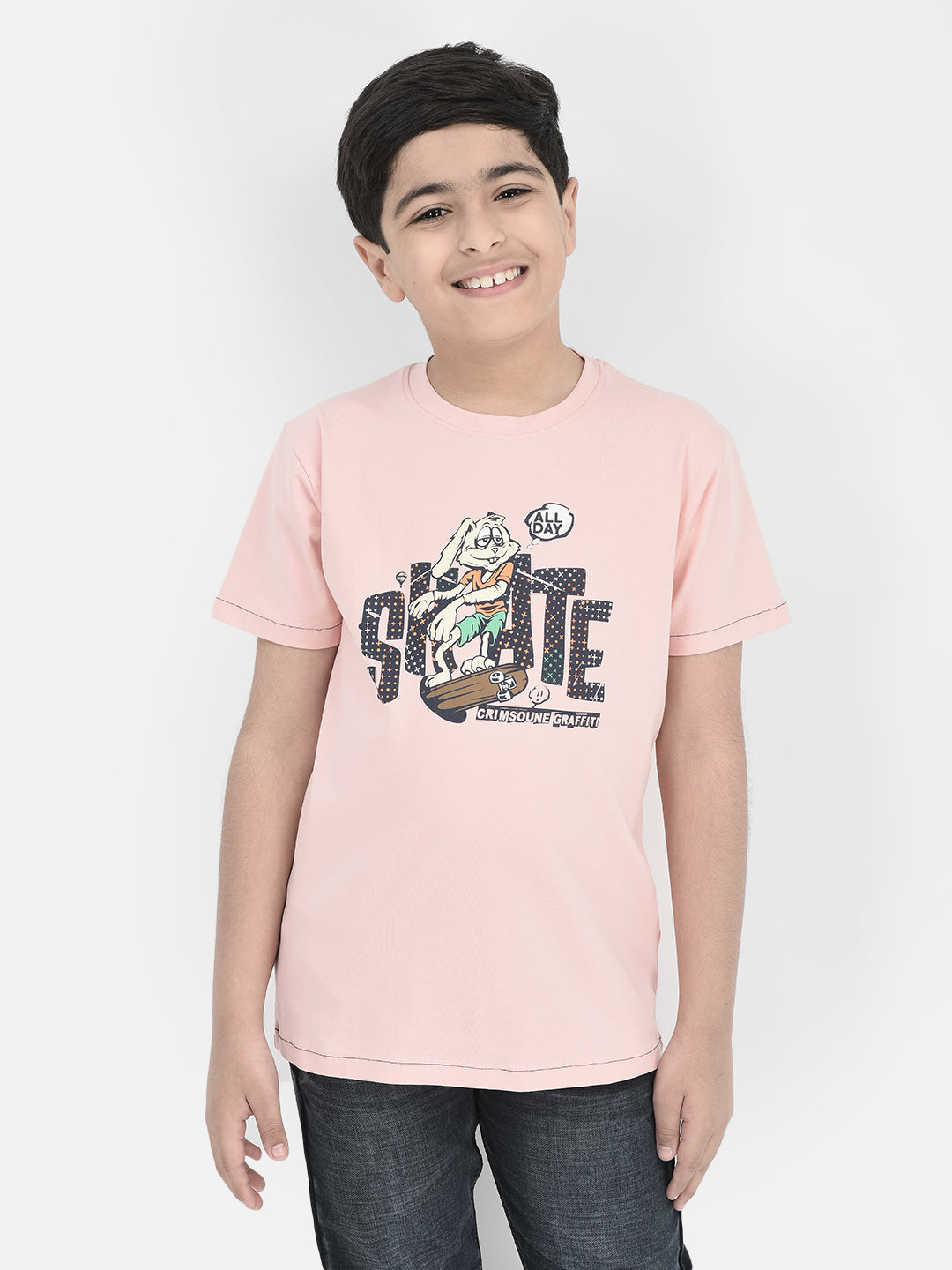 Peach Printed Round Neck T-shirt-Boys T-Shirts-Crimsoune Club