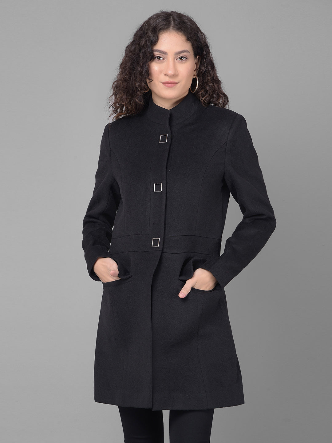 Black Mandarin Collar Overcoat-Women Coats-Crimsoune Club