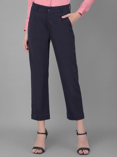 Navy Blue Pleated Straight Trousers-Women Trousers-Crimsoune Club