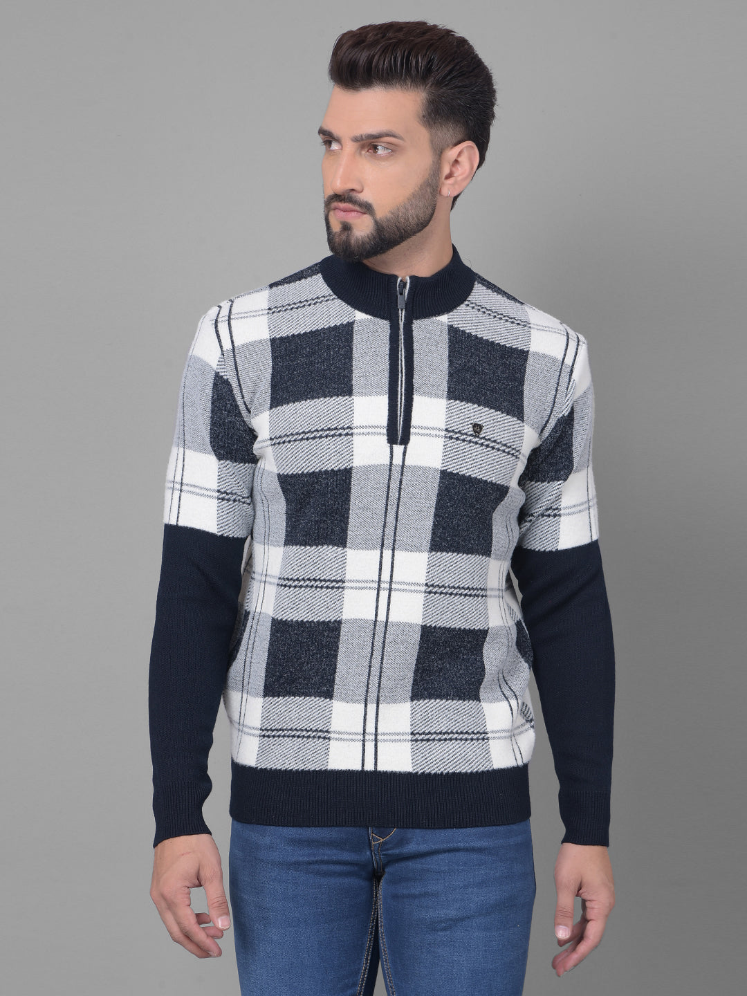 Navy Blue Checked Sweater-Men Sweaters-Crimsoune Club