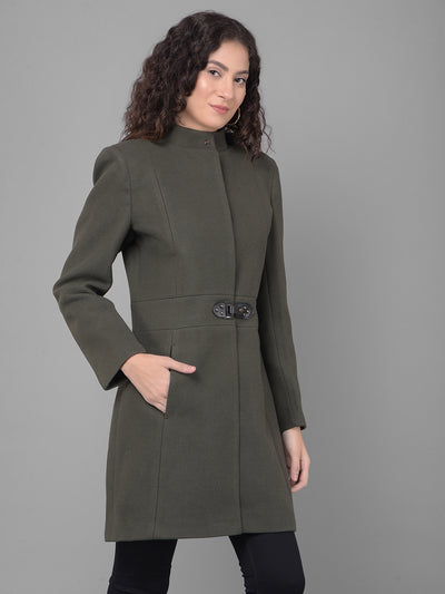 Olive Mandarin Collar Overcoat-Women Coats-Crimsoune Club