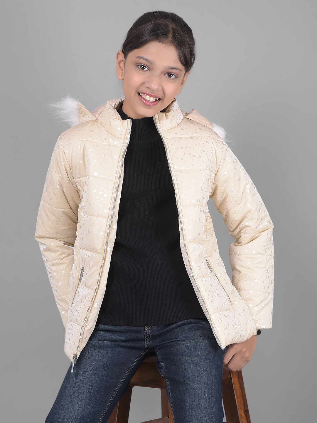 Cream Printed Puffer Jacket With Hood-Girls Jackets-Crimsoune Club