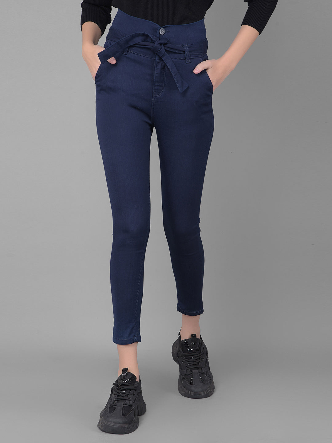 Navy Blue High Waist Jeans With Belt-Women Jeans-Crimsoune Club