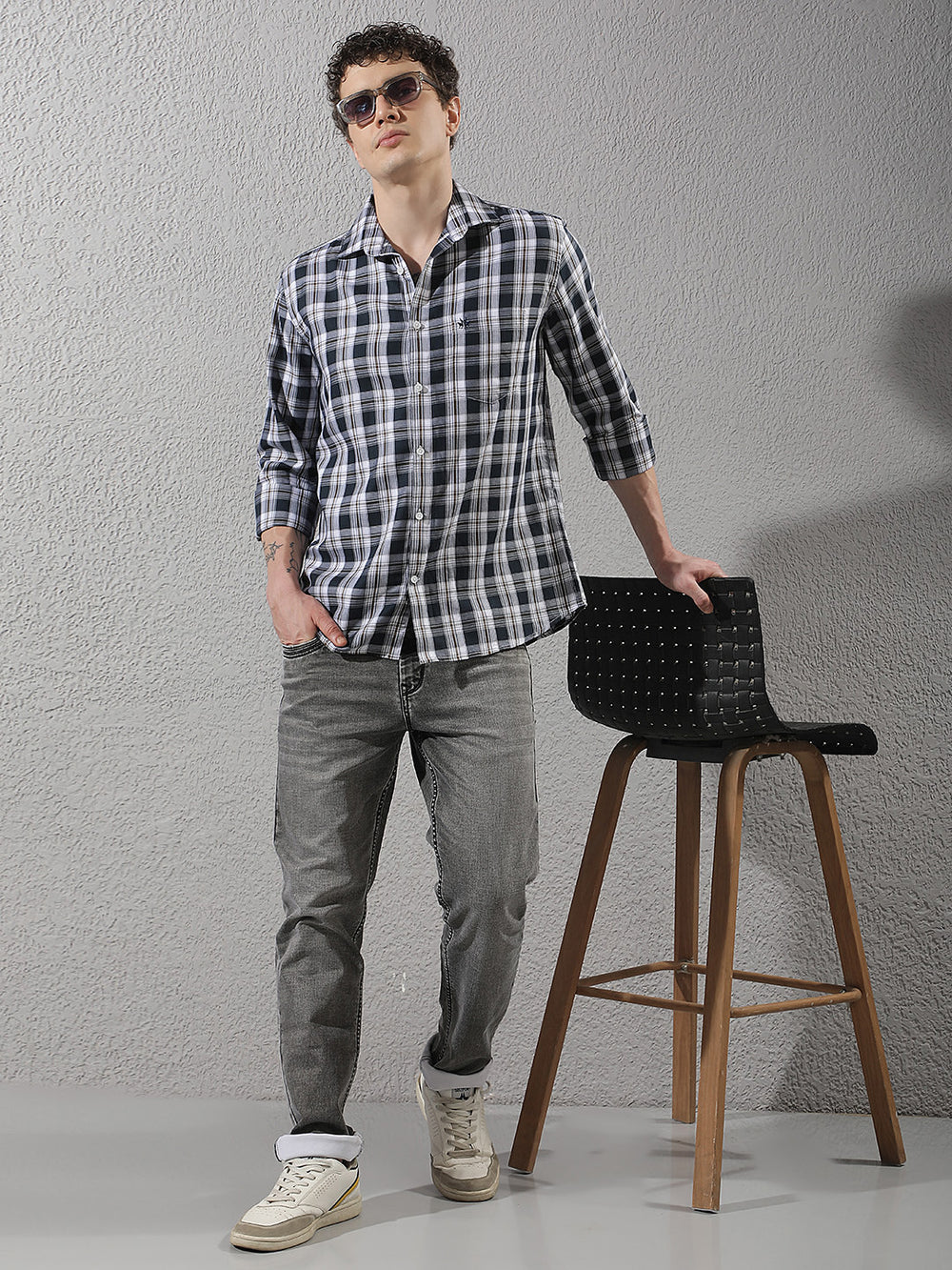 Navy Blue Checked 100% Cotton Shirt-Men Shirts-Crimsoune Club