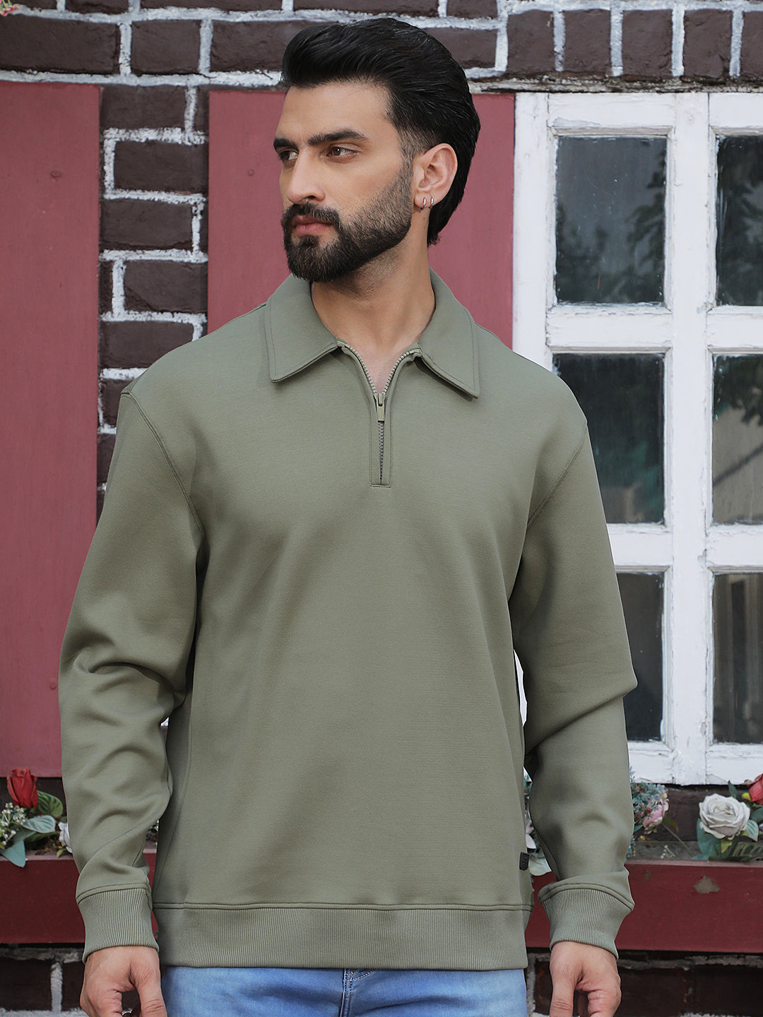 Olive Front Open Sweatshirt-Men Sweatshirts-Crimsoune Club