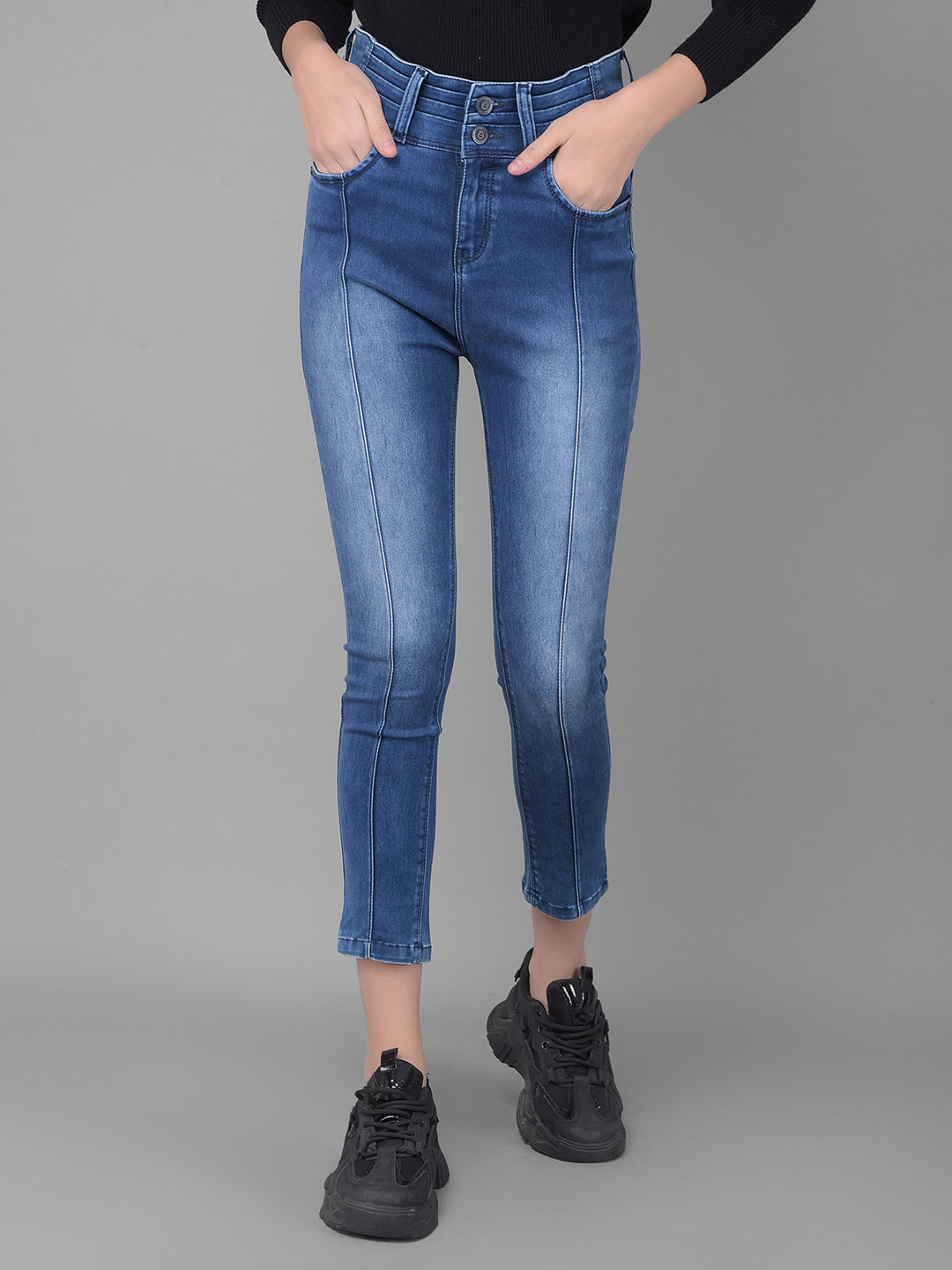 Navy Blue Light Fade High Waist Jeans-Women Jeans-Crimsoune Club