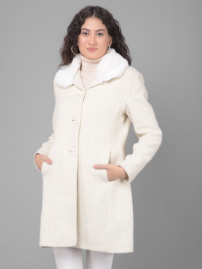 Beige Checked Overcoat-Women Coats-Crimsoune Club