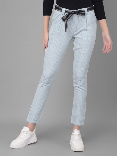 Blue Printed Trousers With Belt-Women Trousers-Crimsoune Club