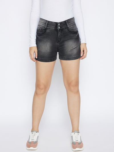 Black Solid Denim Shorts-Women Shorts-Crimsoune Club