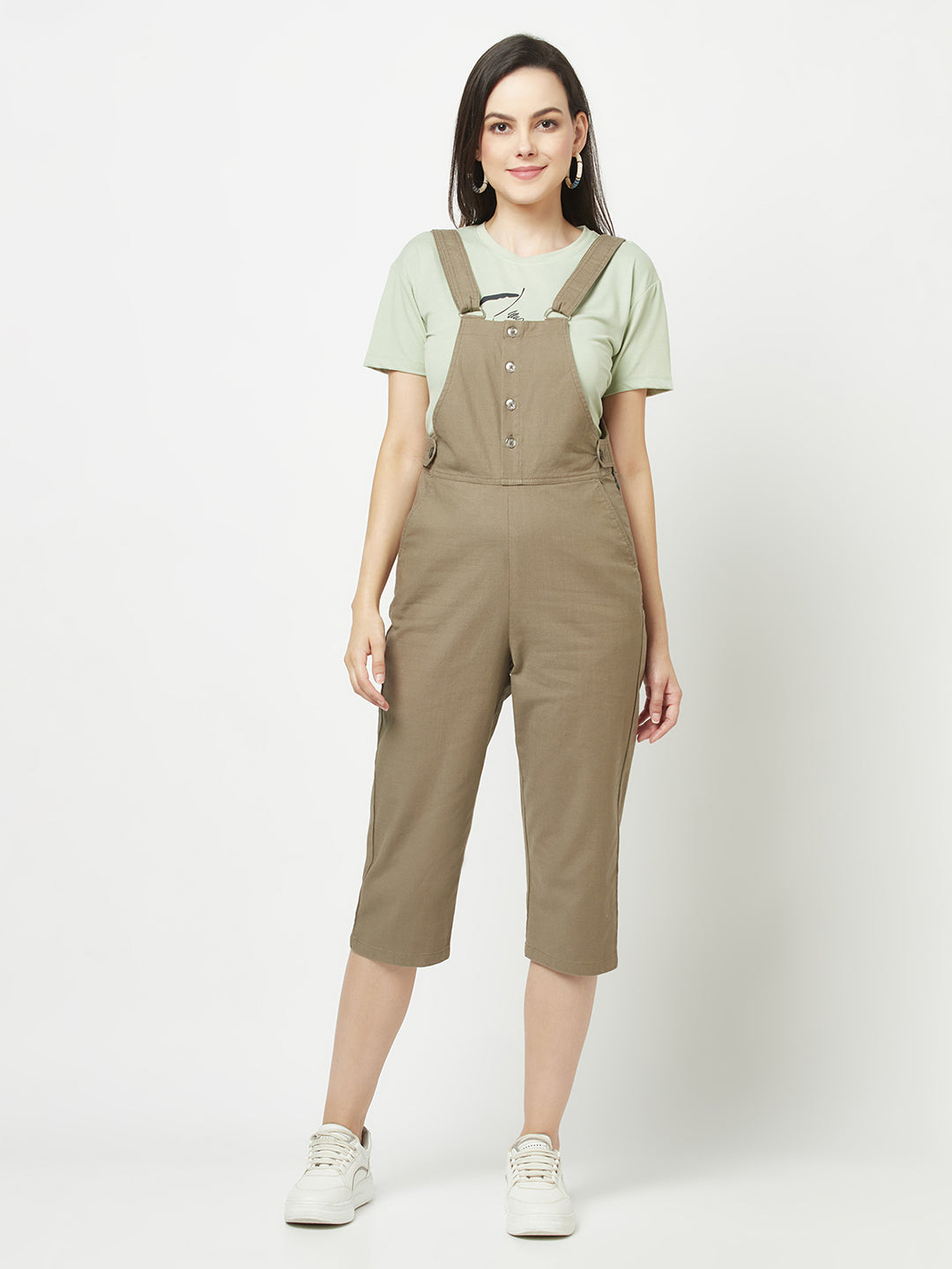 Olive Cotton Dungarees-Women Dungarees-Crimsoune Club