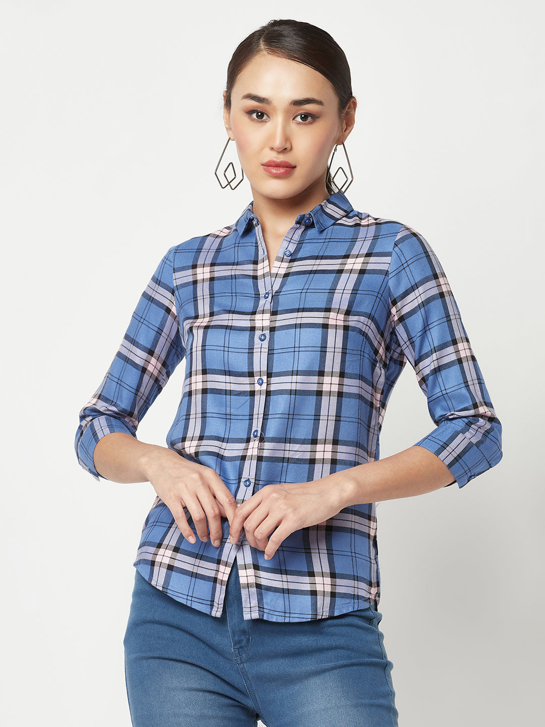 Blue Checked Shirt-Women Shirts-Crimsoune Club