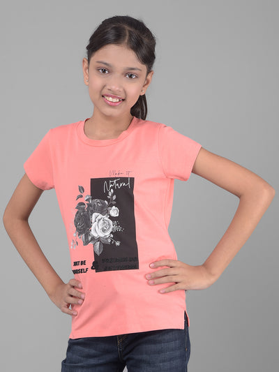 Peach Printed T-Shirt-Girls T-shirts-Crimsoune Club