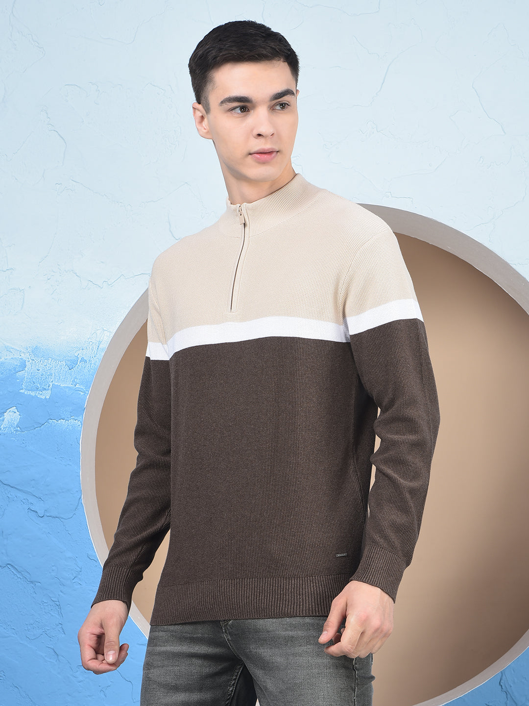 Beige Color-Block 100% Cotton Knitted Sweater-Men Sweaters-Crimsoune Club