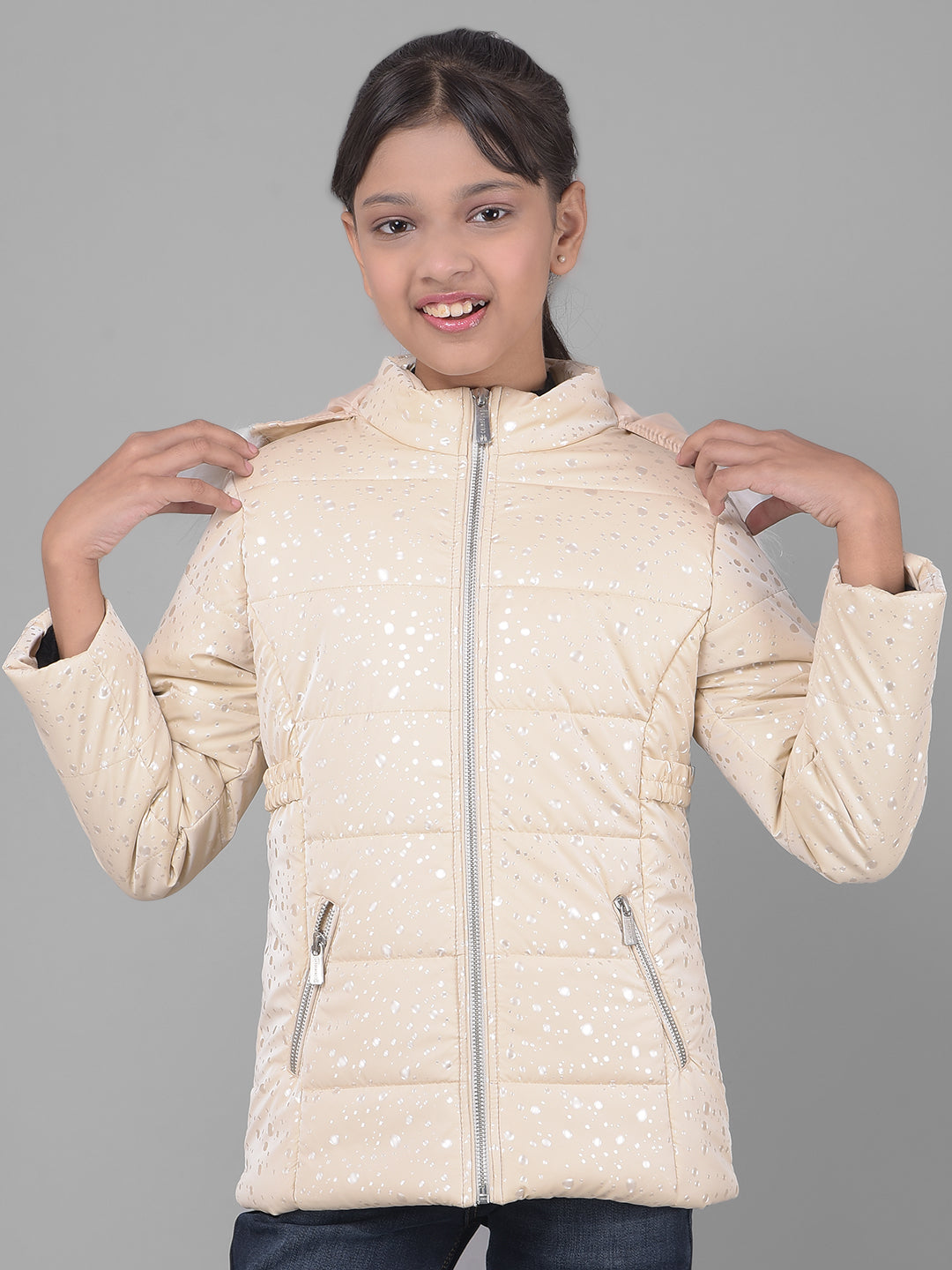 Cream Printed Puffer Jacket With Hood-Girls Jackets-Crimsoune Club