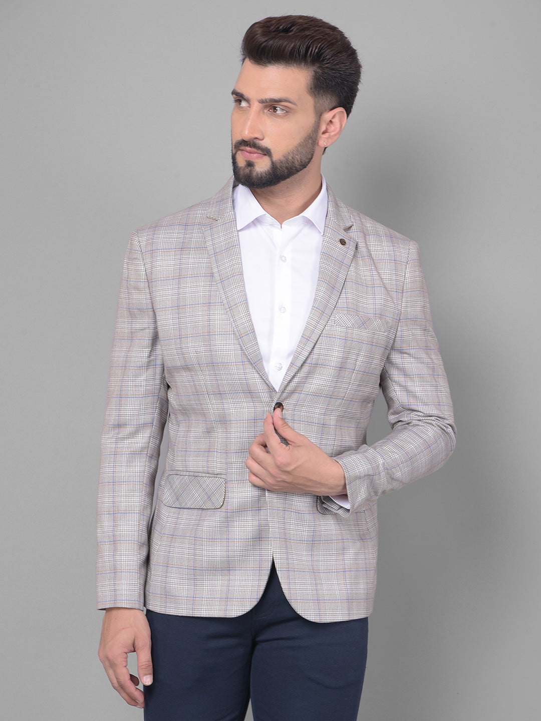 Beige Checked Blazer-Men Blazers-Crimsoune Club