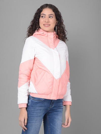 Peach Colourblocked Puffer Jacket With Hood-Women Jackets-Crimsoune Club