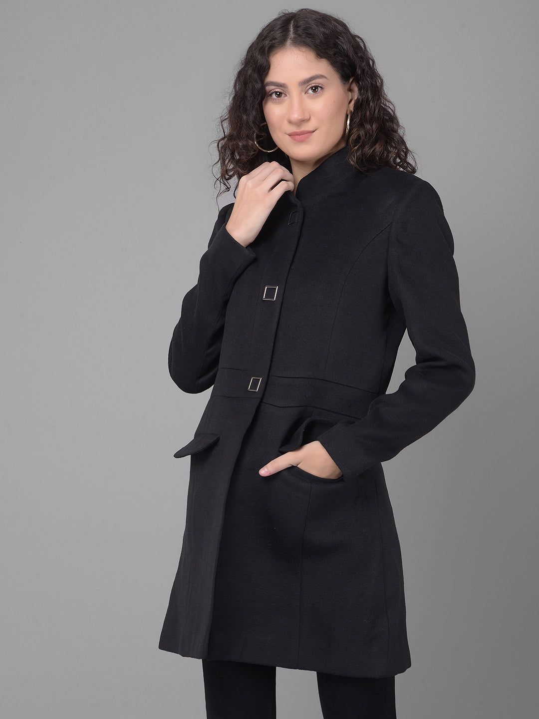 Black Mandarin Collar Overcoat-Women Coats-Crimsoune Club