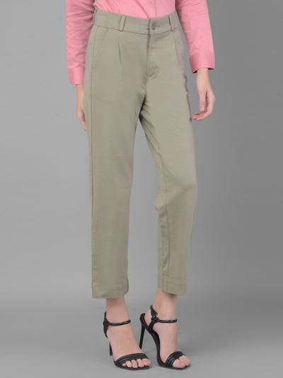 Olive Pleated Straight Trousers-Women Trousers-Crimsoune Club