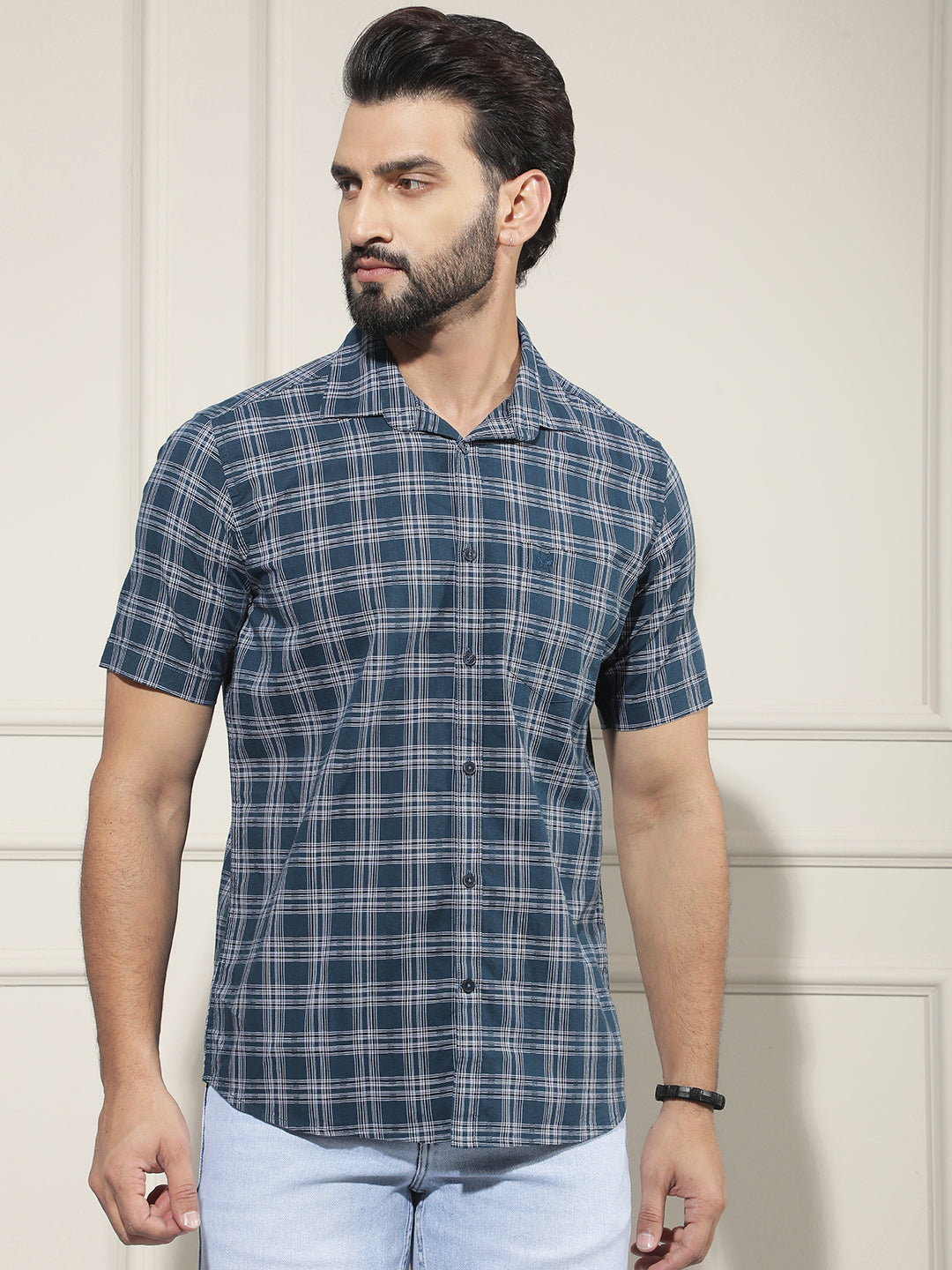 Blue Checked 100% Cotton Shirt-Men Shirts-Crimsoune Club