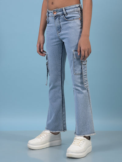 Girl's Blue Bootcut Cargo Jeans-Girls Jeans-Crimsoune Club
